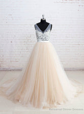 V-neck See-through Bodice Champagne Tulle Wedding Dresses